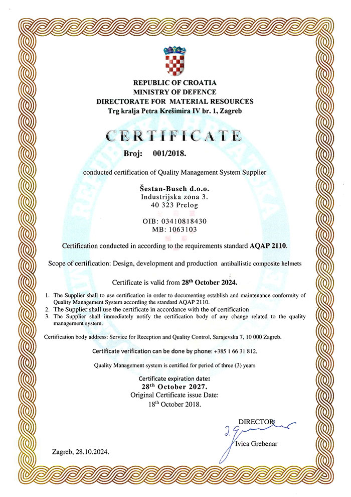 Сертифікат AQAP 2110 Šestan-Busch