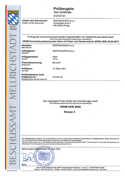 Сертифікат VPAM HVN 2009 для BK-ACH
